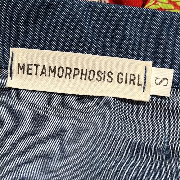 METAMORPHOSIS GIRL DENIM AND COLORFUL ABSTRACT PRINT SHIRT WAIST DRESS, SIZE S - Picture 3 of 10